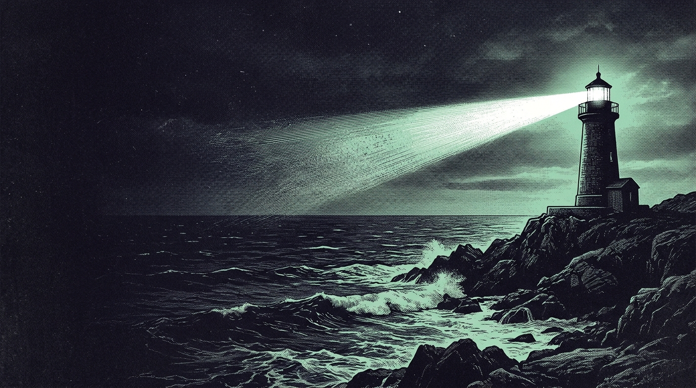 Engraved illustration of a lighthouse sweeping its beam across a dark sea