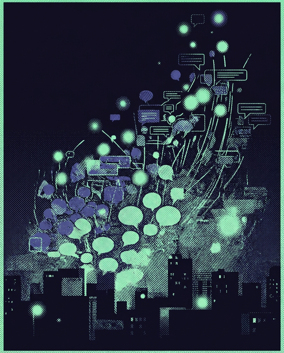 Engraved illustration of forum threads rising like lights in a night city